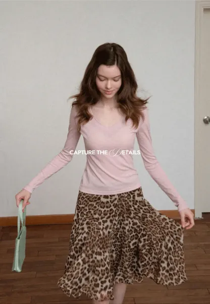 Long sleeve V neck T shirt with layered neckline