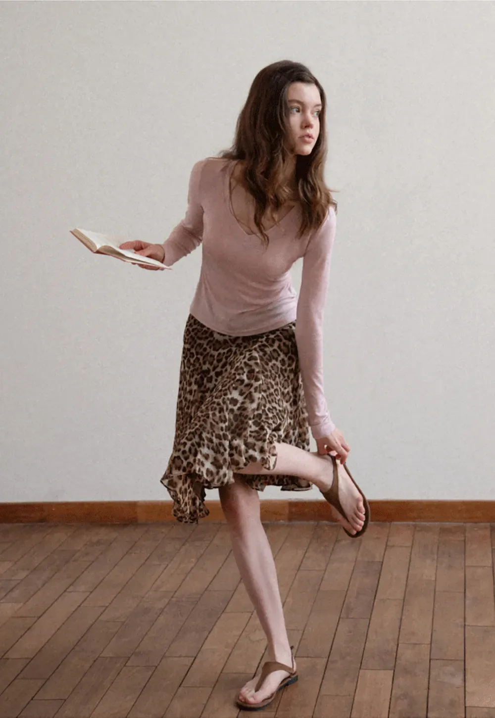 Long sleeve V neck T shirt with layered neckline