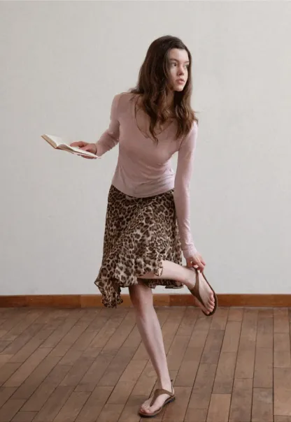 Long sleeve V neck T shirt with layered neckline