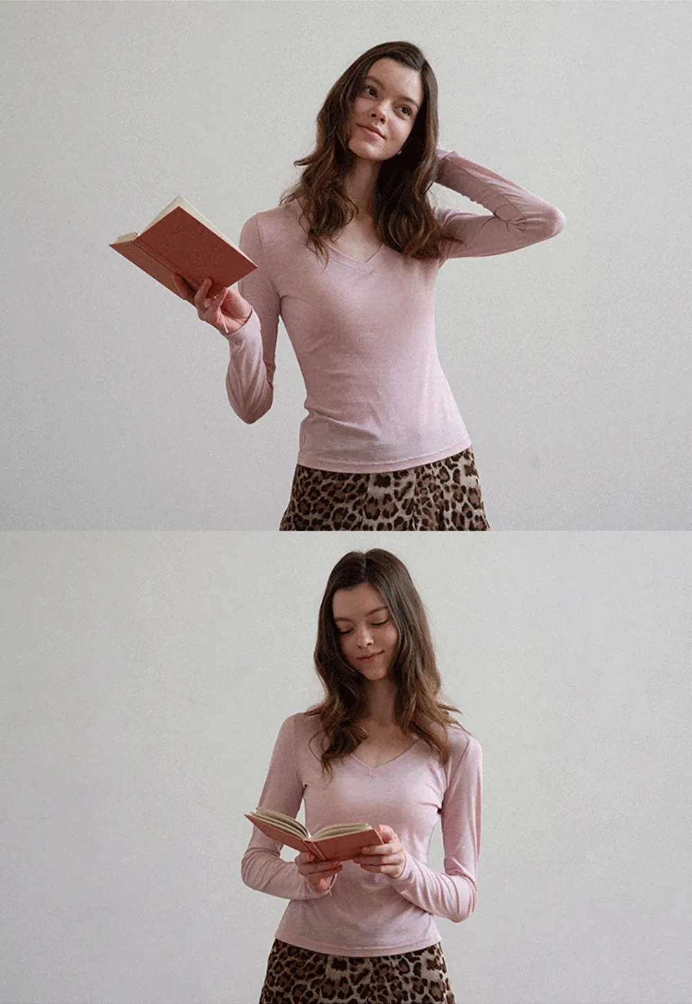 Long sleeve V neck T shirt with layered neckline