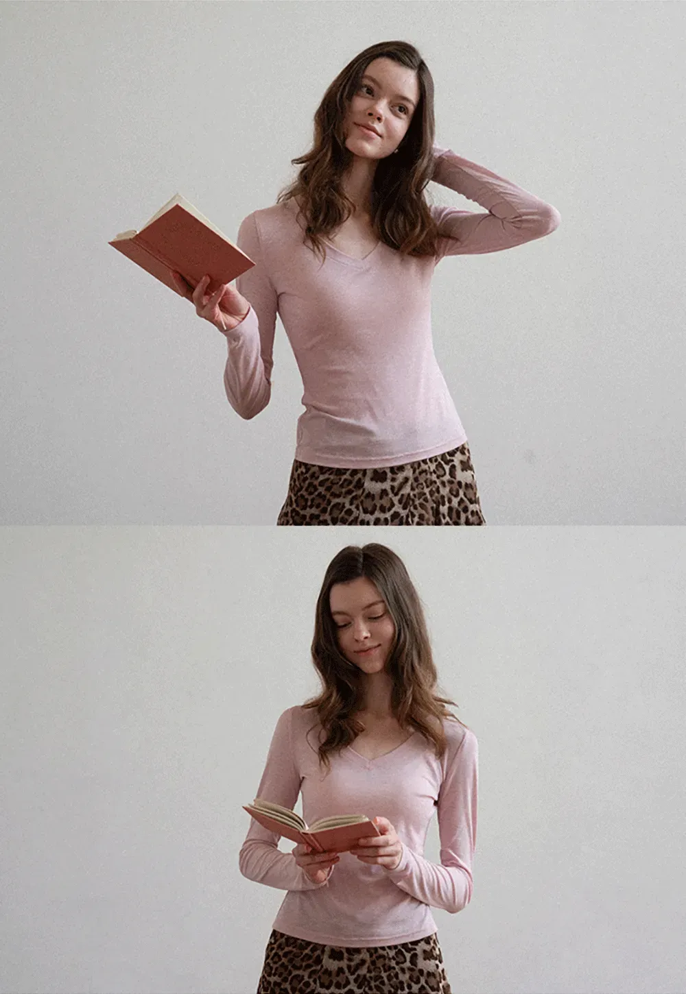 Long sleeve V neck T shirt with layered neckline