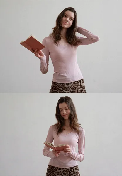 Long sleeve V neck T shirt with layered neckline