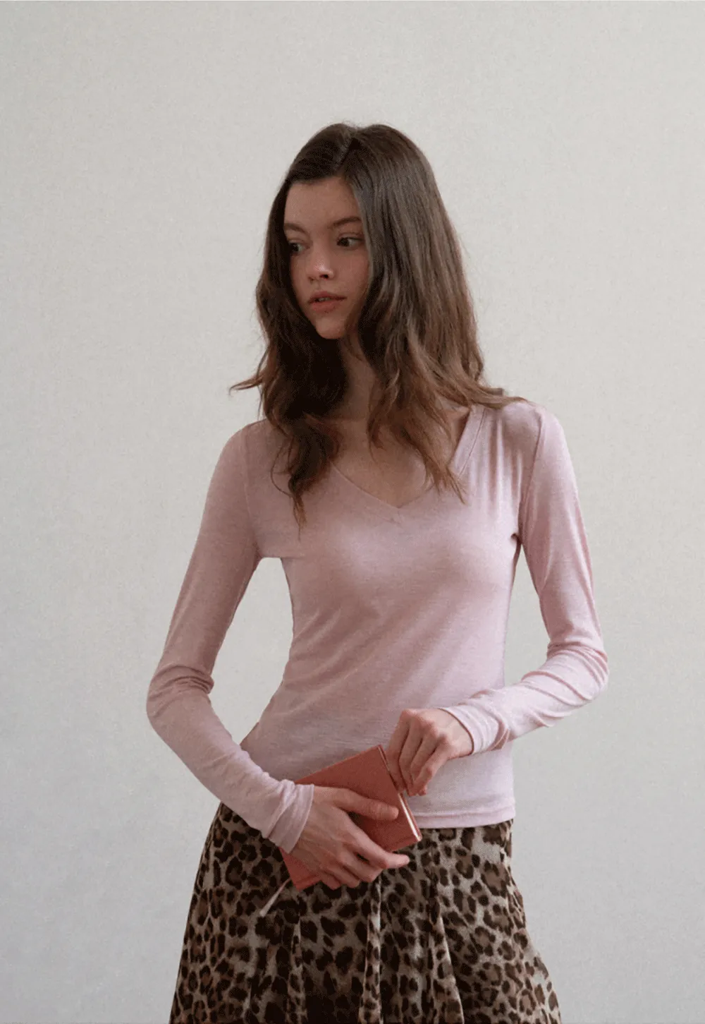 Long sleeve V neck T shirt with layered neckline