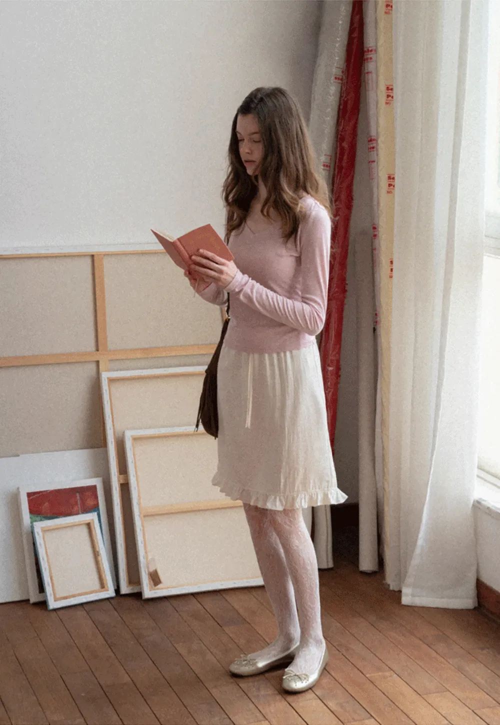 Long sleeve V neck T shirt with layered neckline