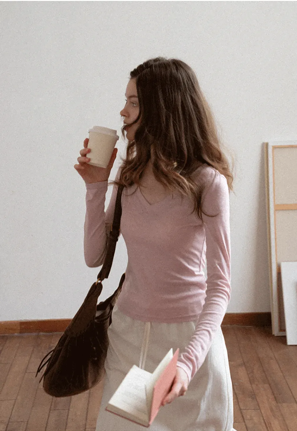 Long sleeve V neck T shirt with layered neckline