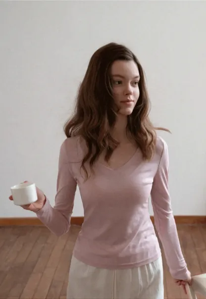 Long sleeve V neck T shirt with layered neckline