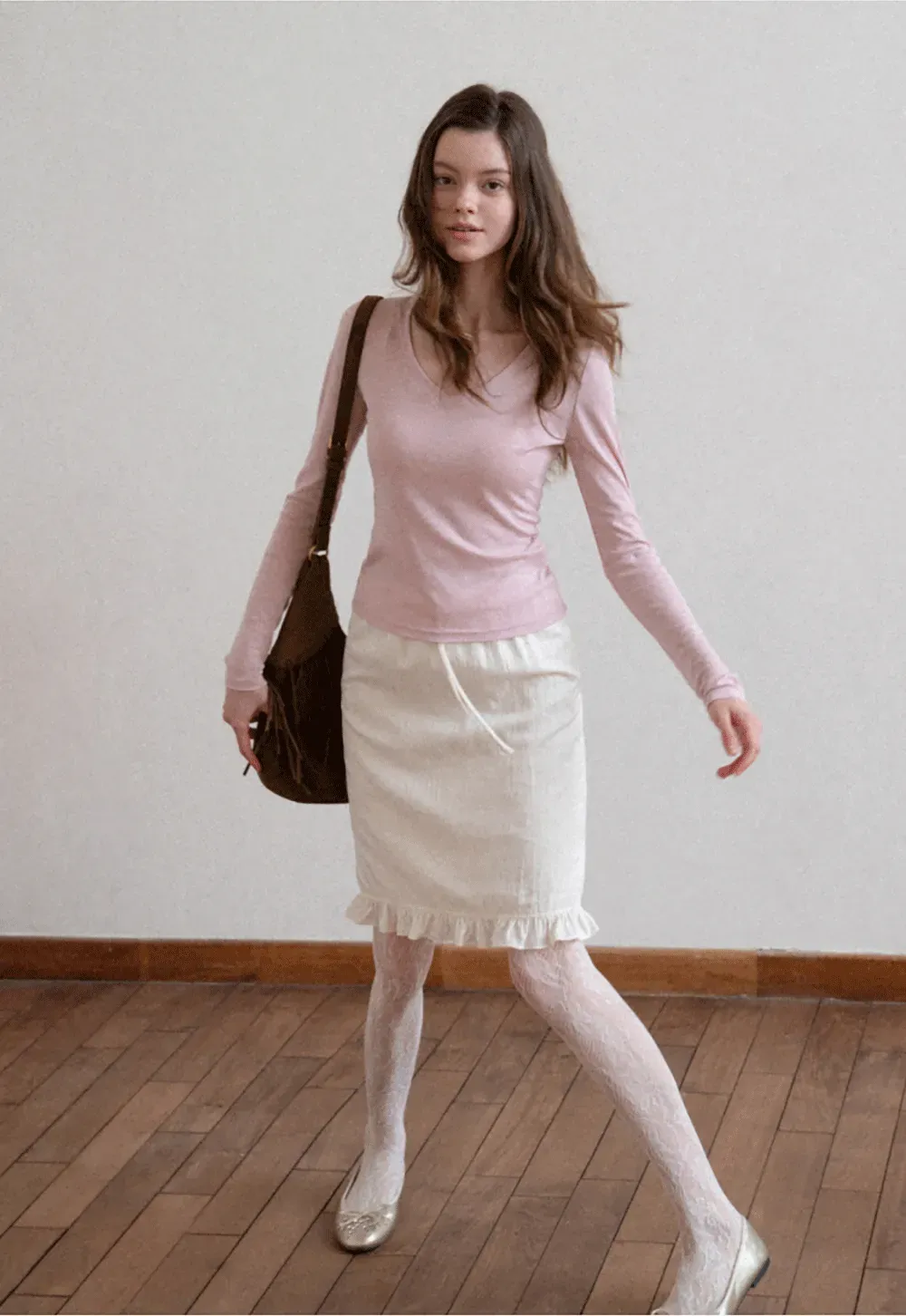 Long sleeve V neck T shirt with layered neckline