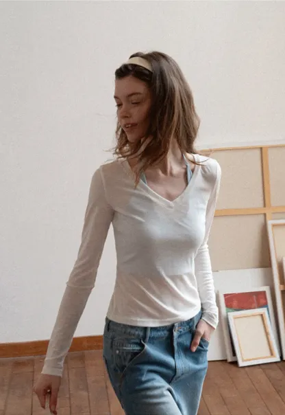 Long sleeve V neck T shirt with layered neckline