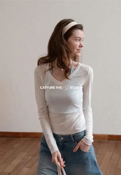 Long sleeve V neck T shirt with layered neckline