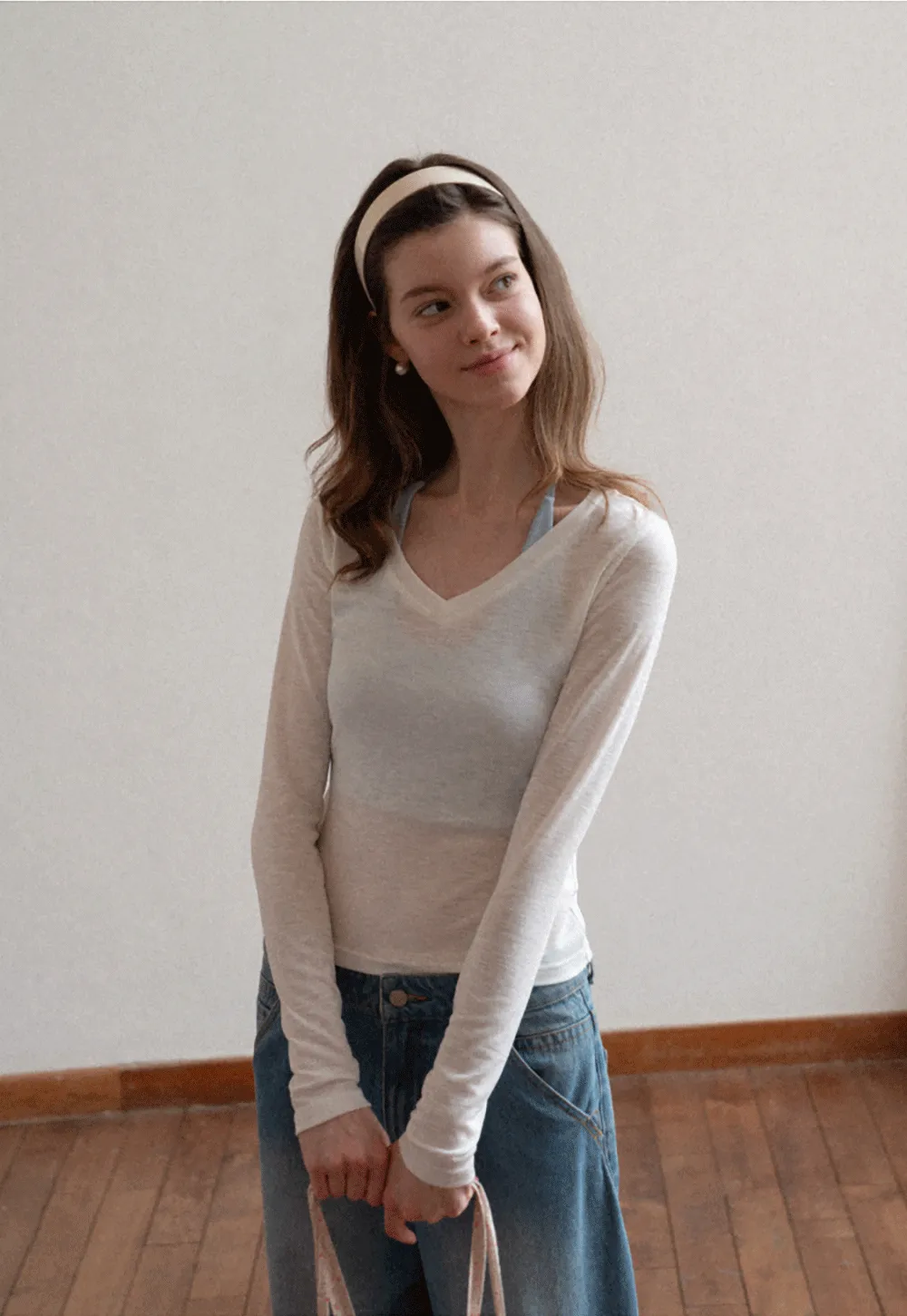 Long sleeve V neck T shirt with layered neckline