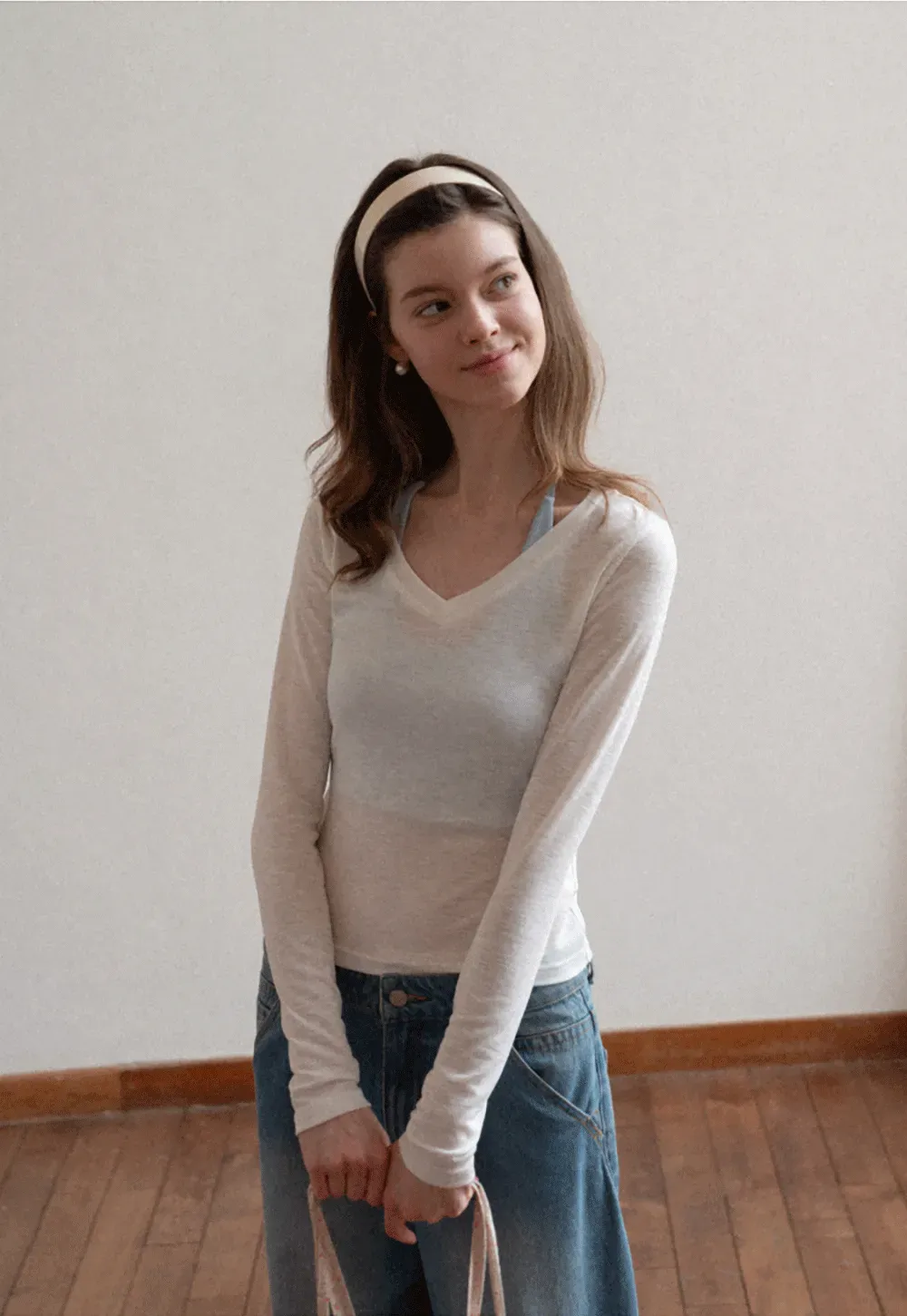 Long sleeve V neck T shirt with layered neckline