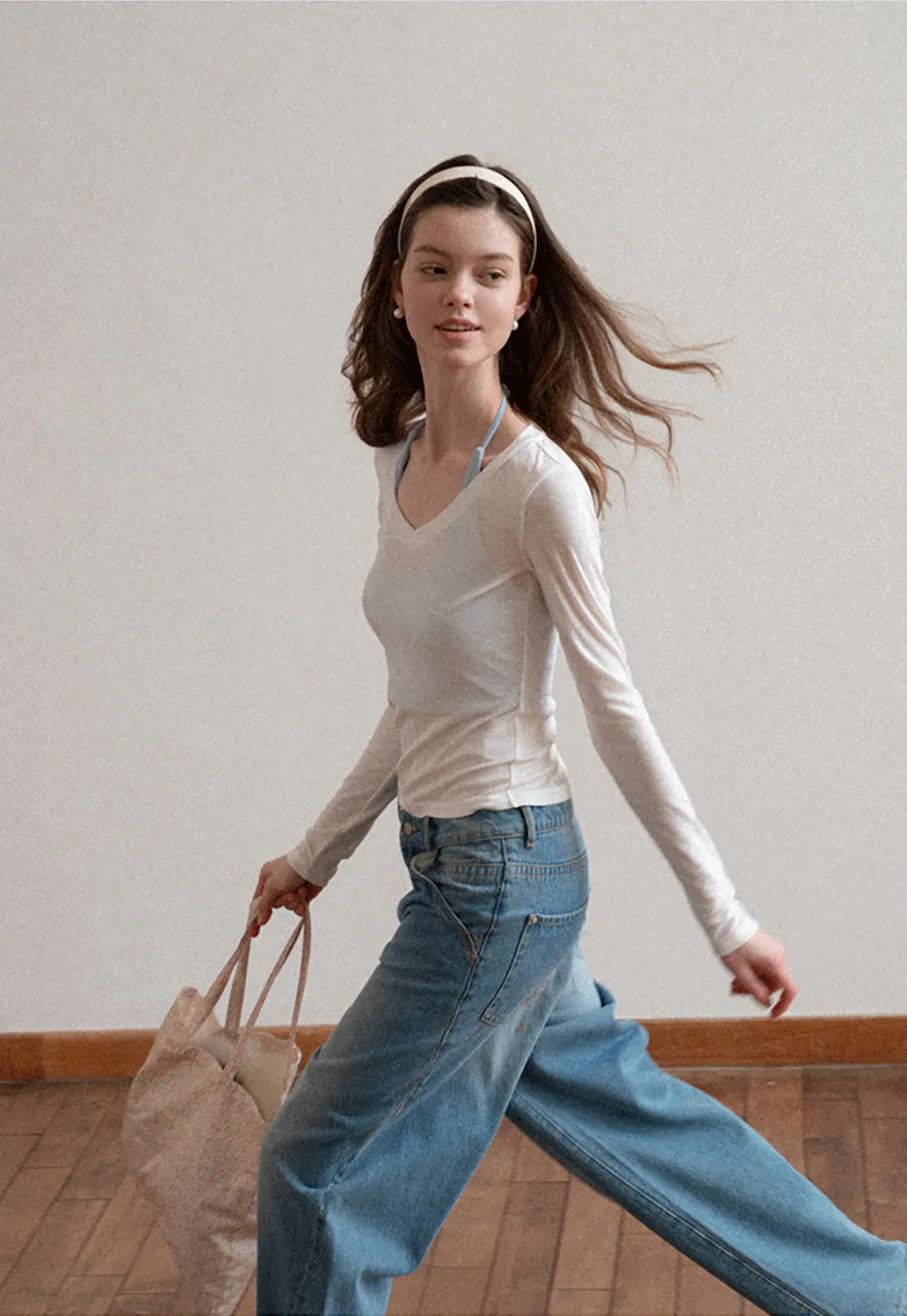 Long sleeve V neck T shirt with layered neckline