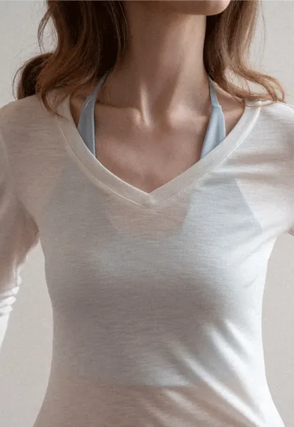 Long sleeve V neck T shirt with layered neckline