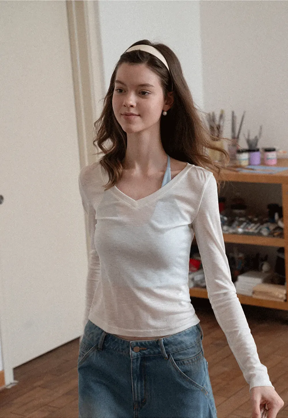 Long sleeve V neck T shirt with layered neckline