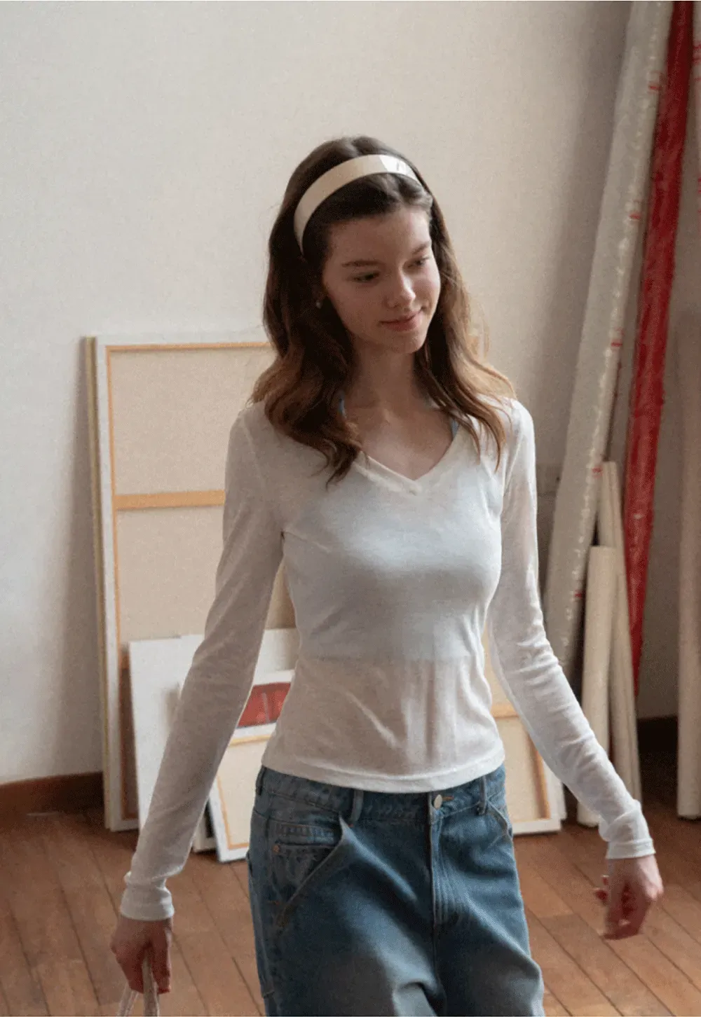 Long sleeve V neck T shirt with layered neckline