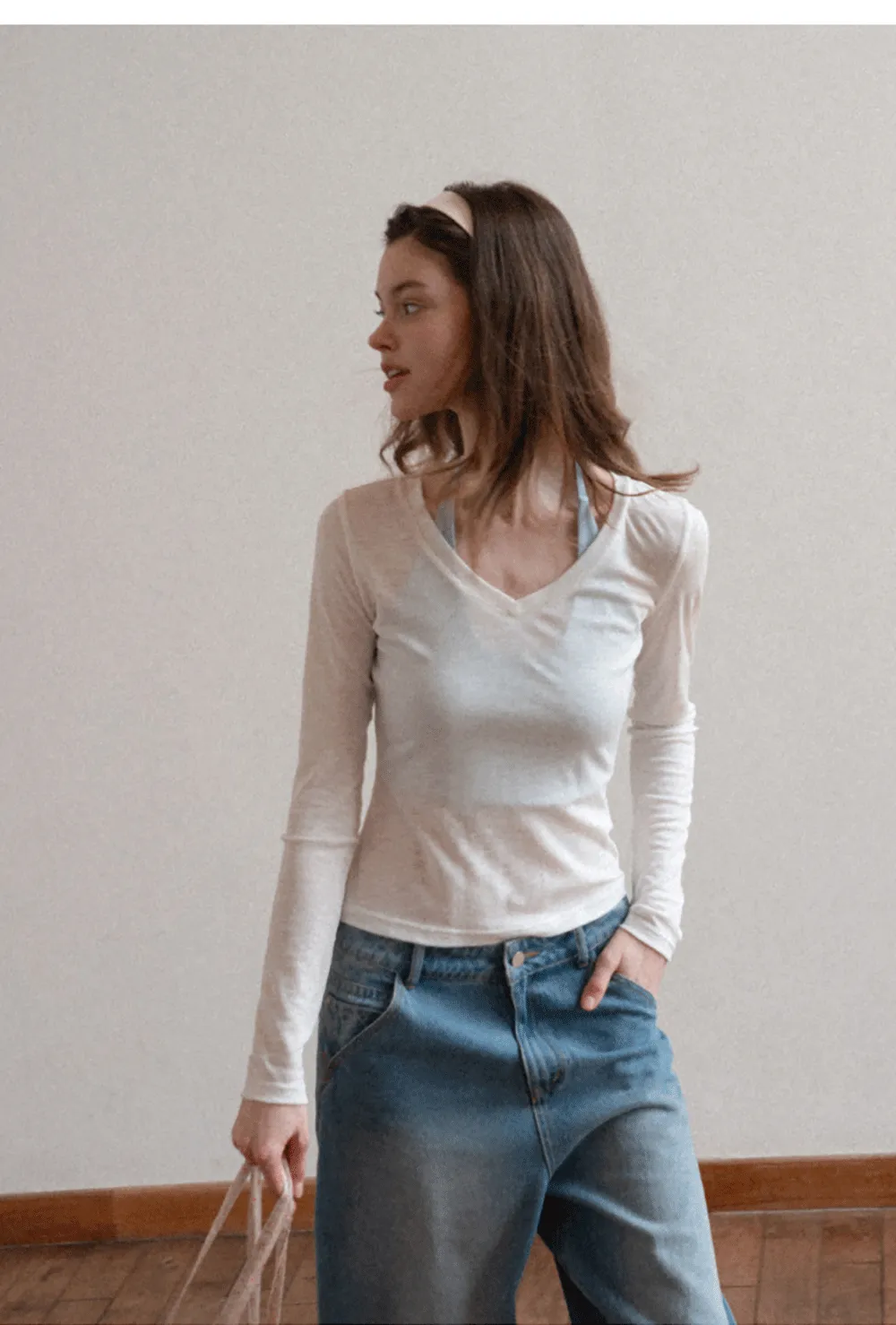 Long sleeve V neck T shirt with layered neckline
