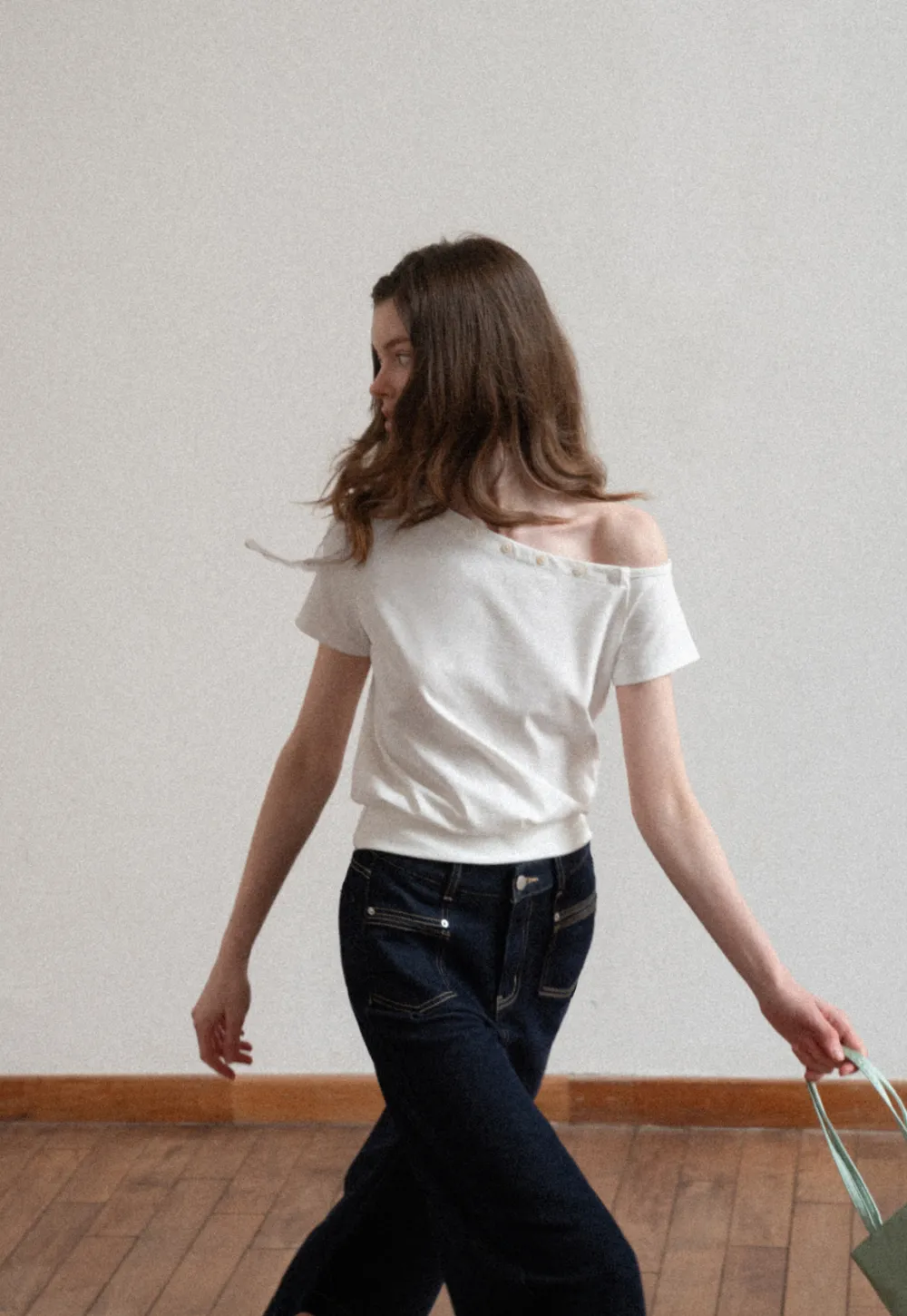 Off shoulder short sleeve top with button detail