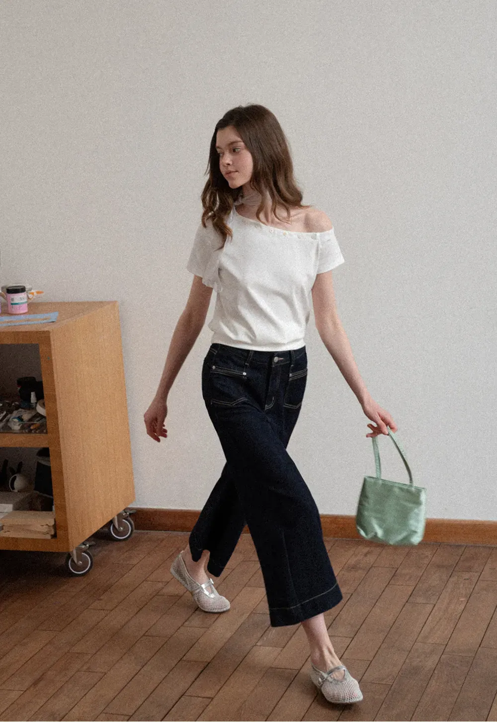 Off shoulder short sleeve top with button detail