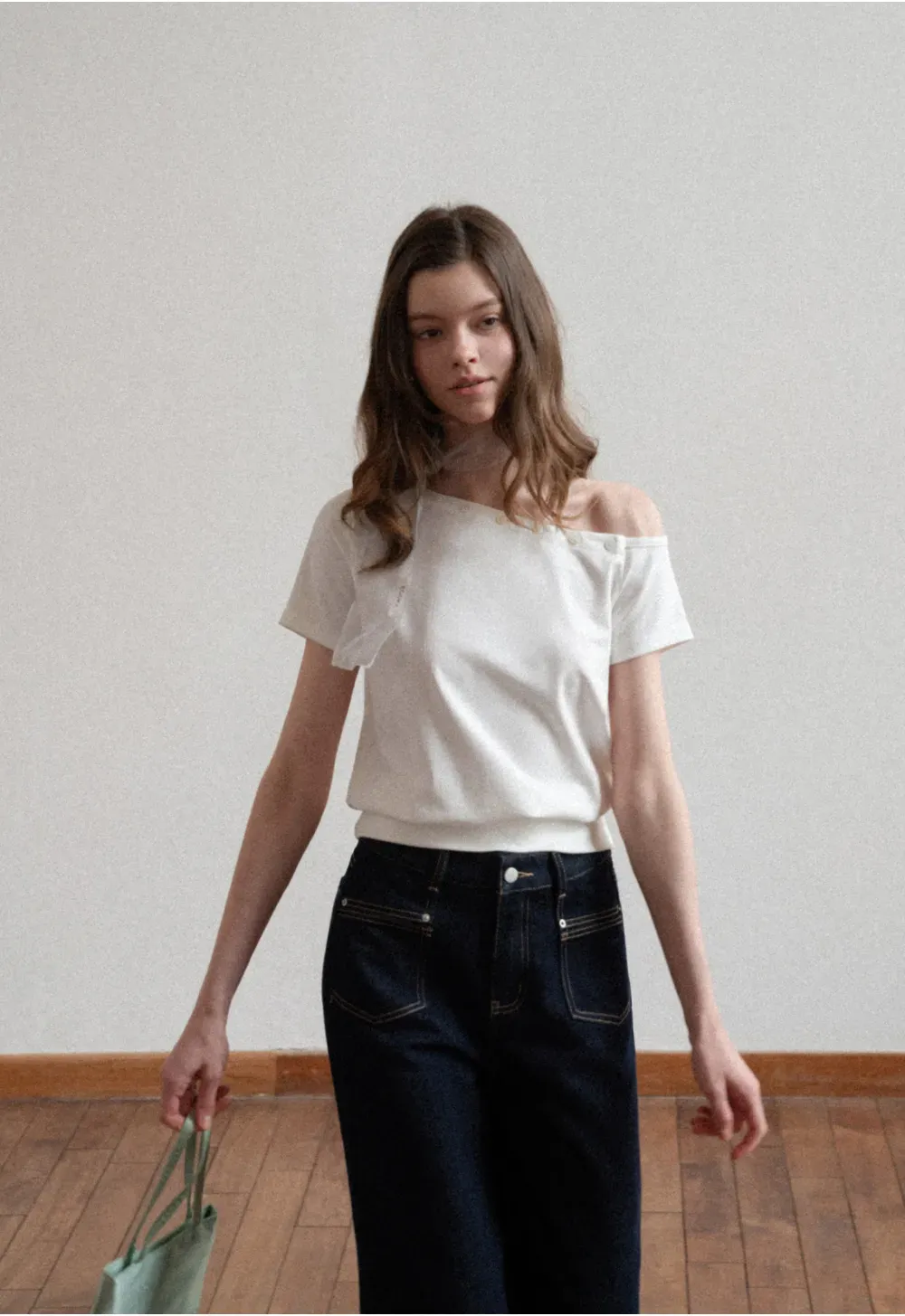 Off shoulder short sleeve top with button detail