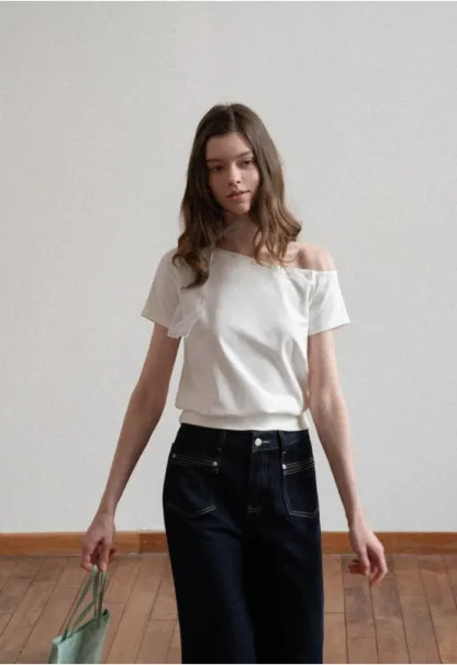 Off shoulder short sleeve top with button detail