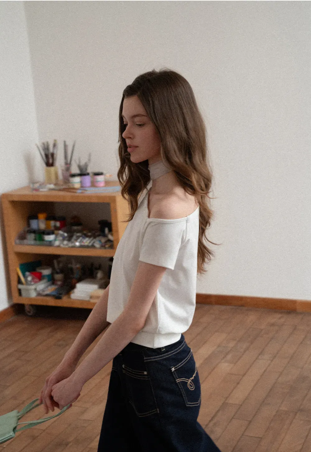 Off shoulder short sleeve top with button detail