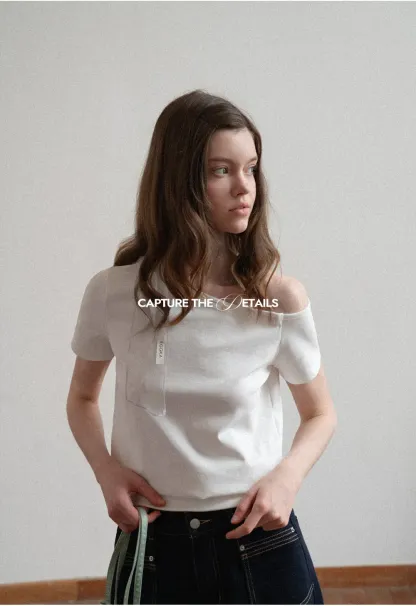 Off shoulder short sleeve top with button detail