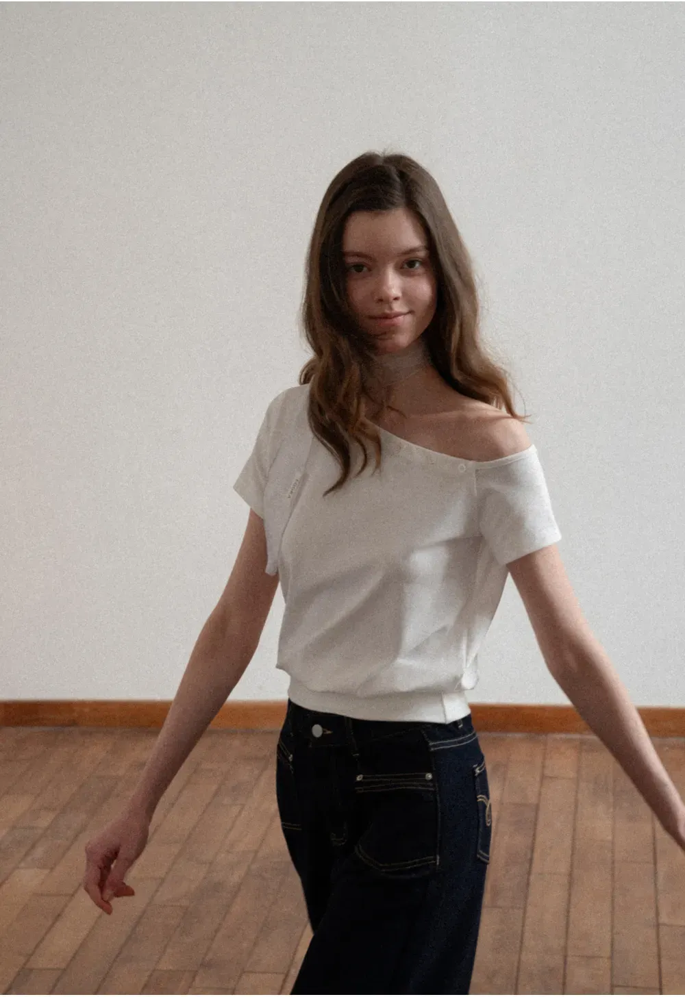 Off shoulder short sleeve top with button detail