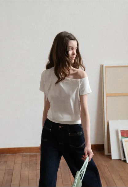 Off shoulder short sleeve top with button detail