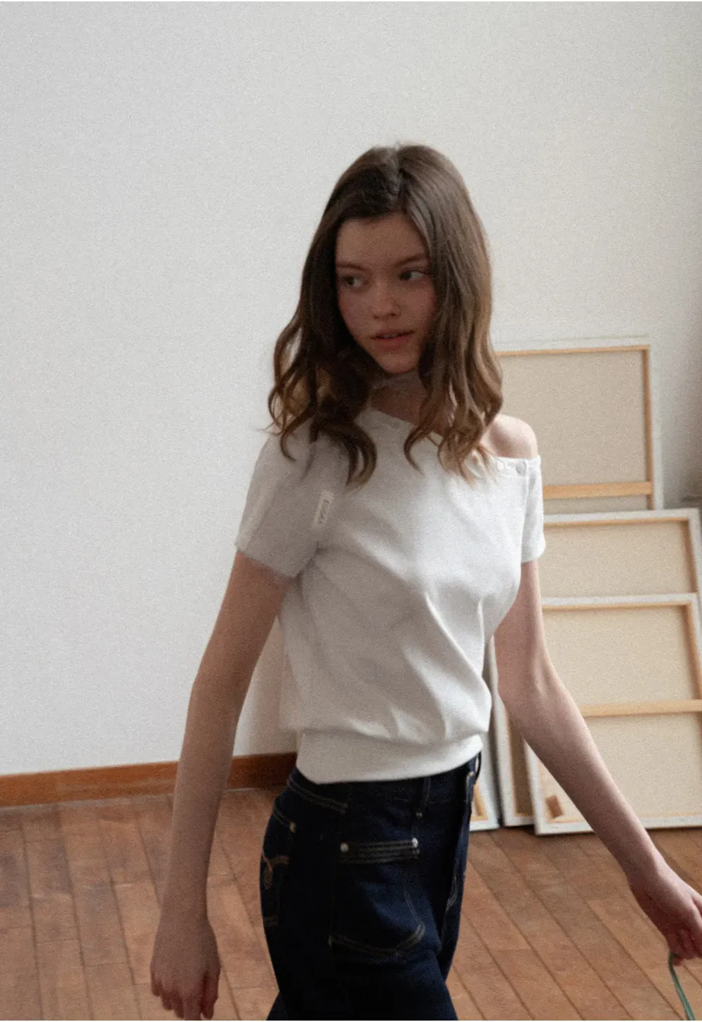 Off shoulder short sleeve top with button detail