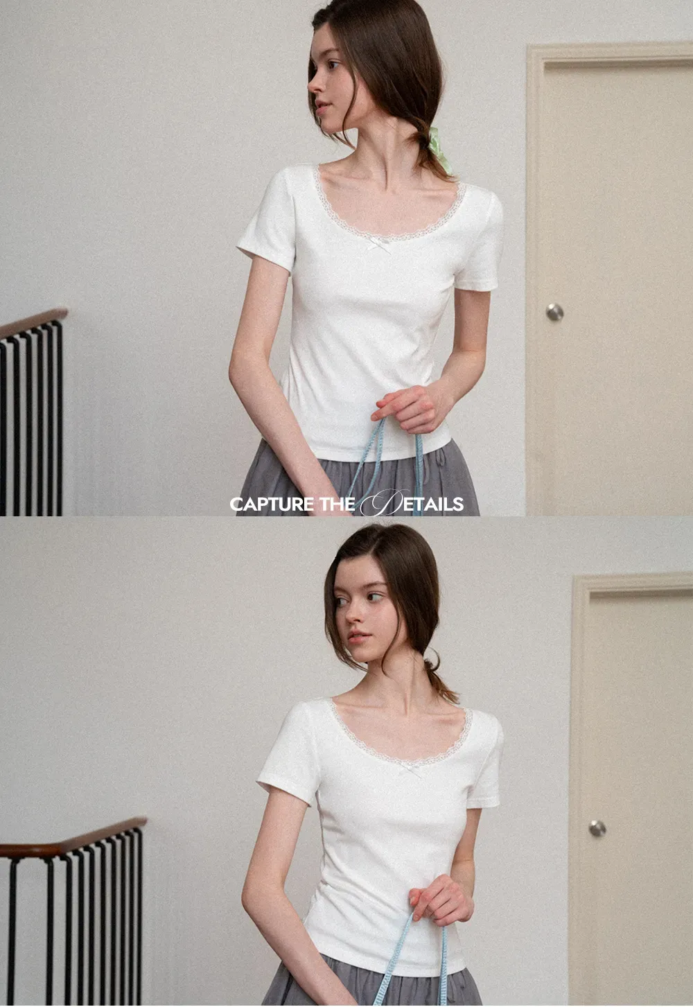 Short sleeve T-shirt with lace trim neckline