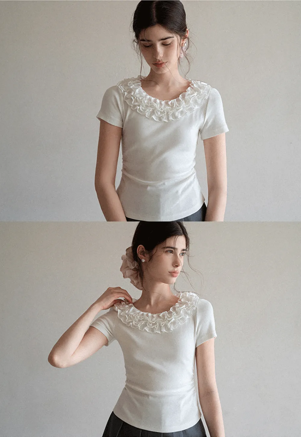 Short sleeve knit top with ruffled neckline