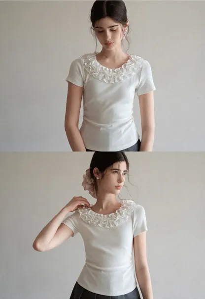 Short sleeve knit top with ruffled neckline