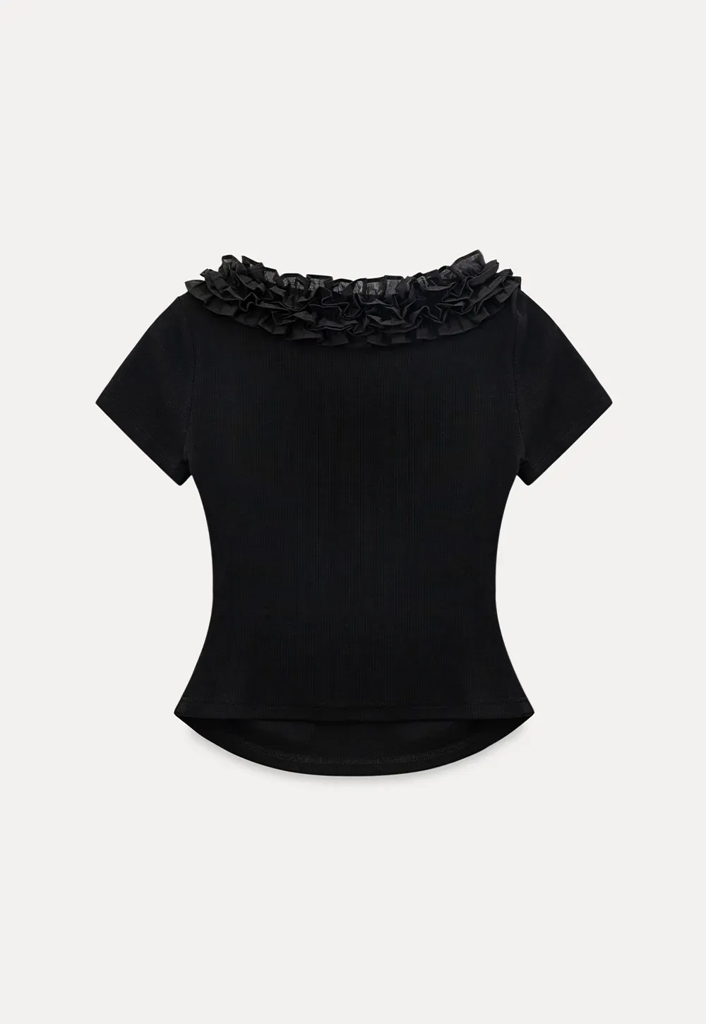 Short sleeve knit top with ruffled neckline