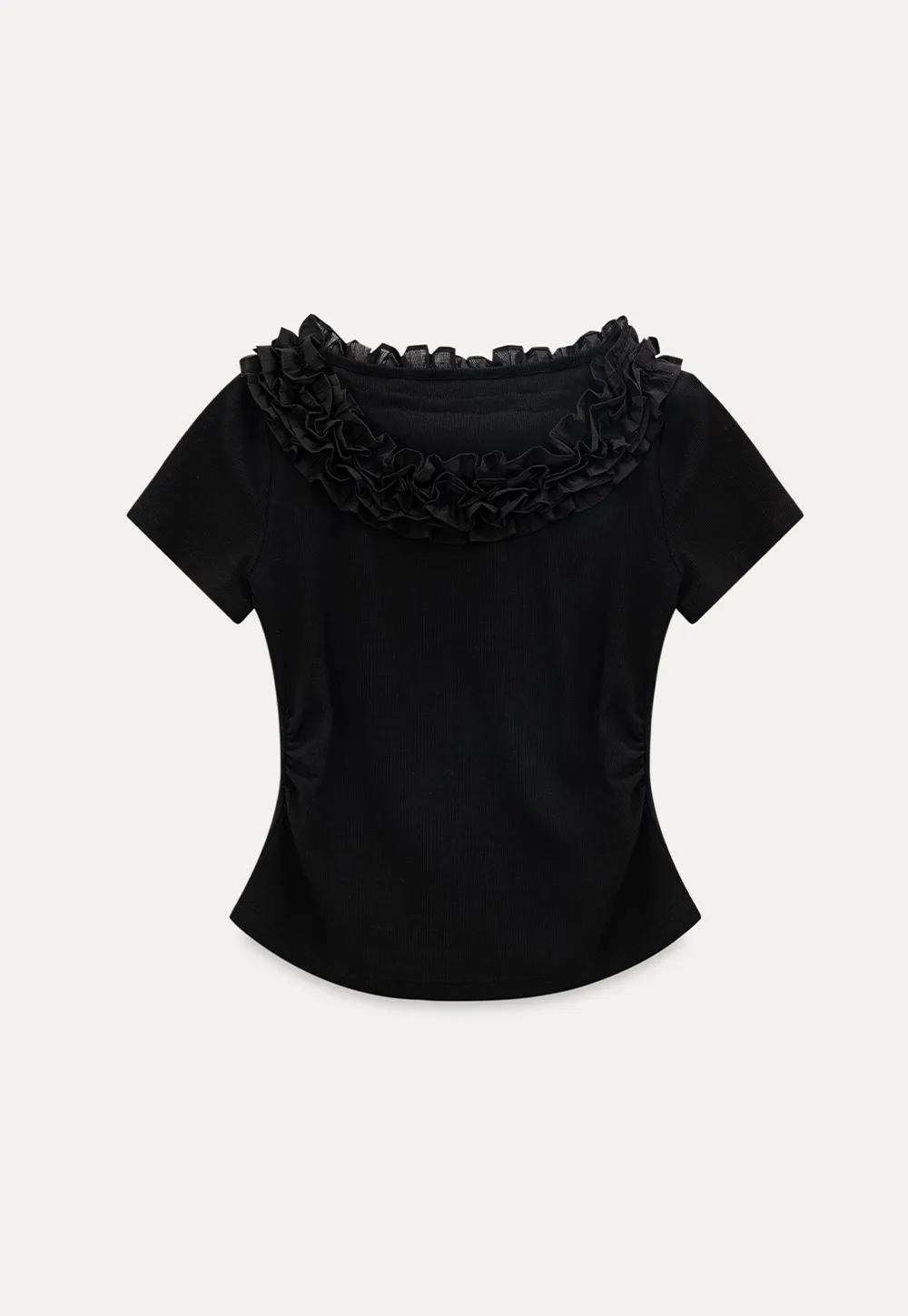 Short sleeve knit top with ruffled neckline