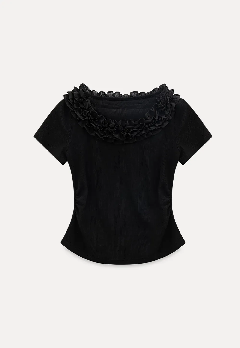 Short sleeve knit top with ruffled neckline