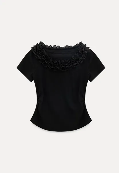 Short sleeve knit top with ruffled neckline