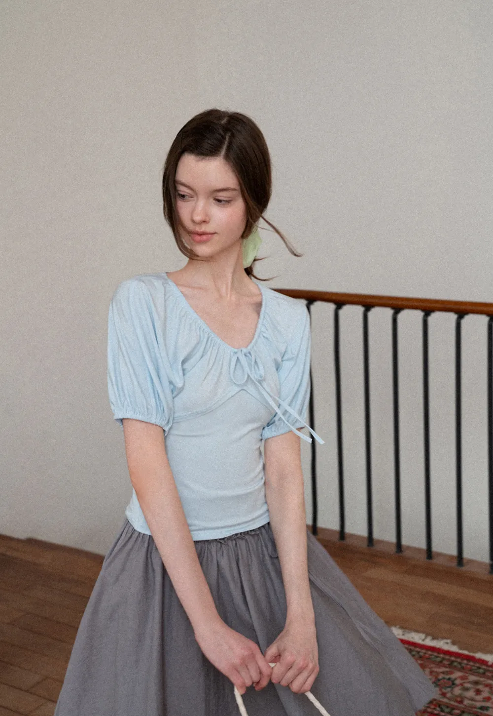 V neck short sleeve top with front tie detail