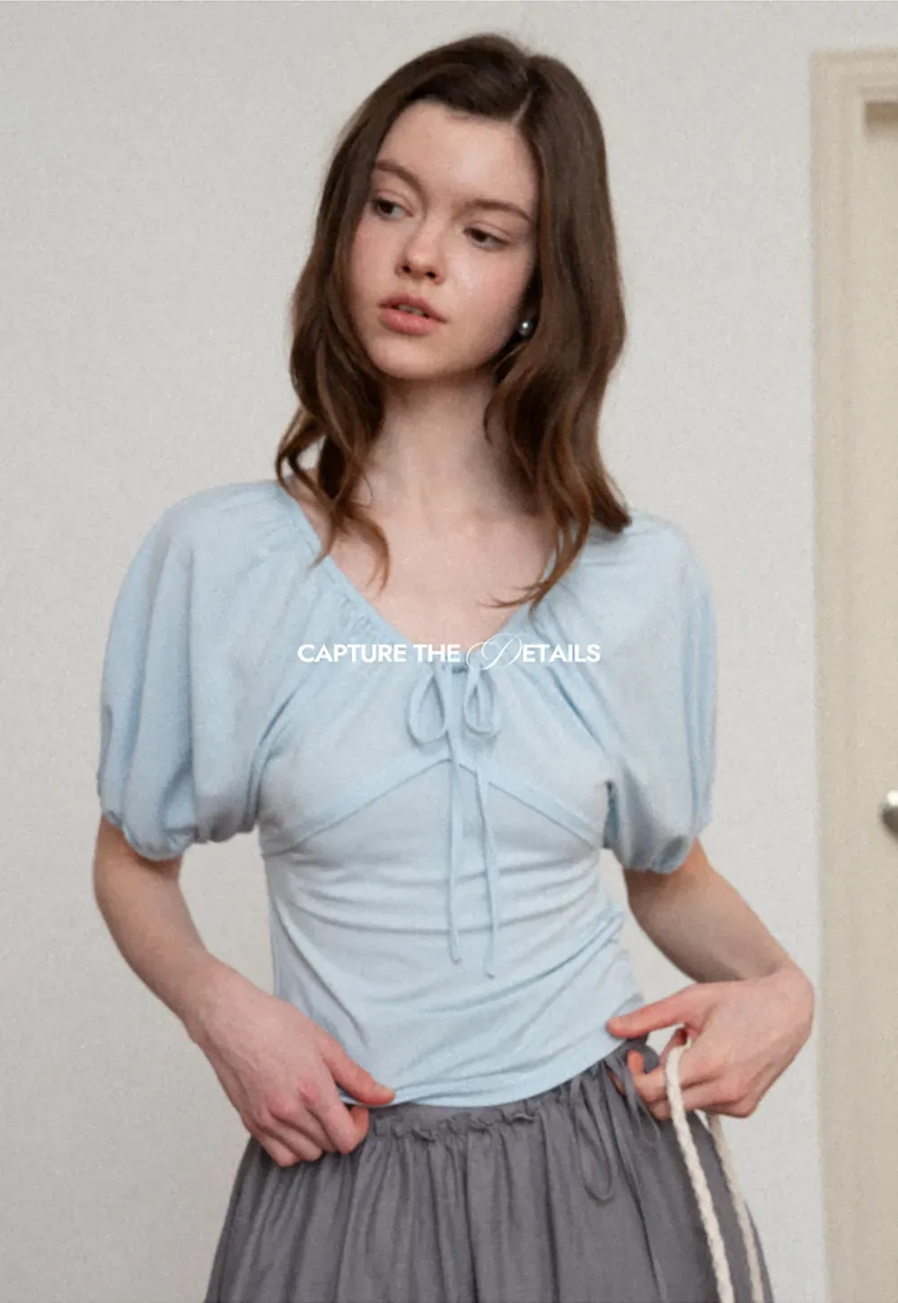 V neck short sleeve top with front tie detail