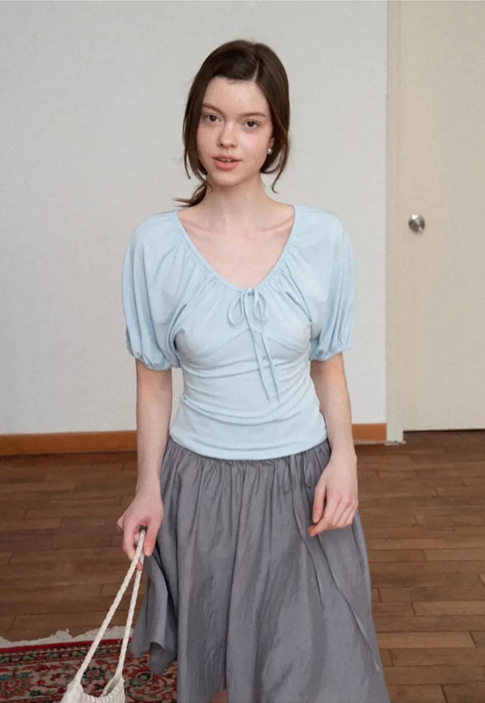 V neck short sleeve top with front tie detail