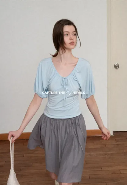 V neck short sleeve top with front tie detail