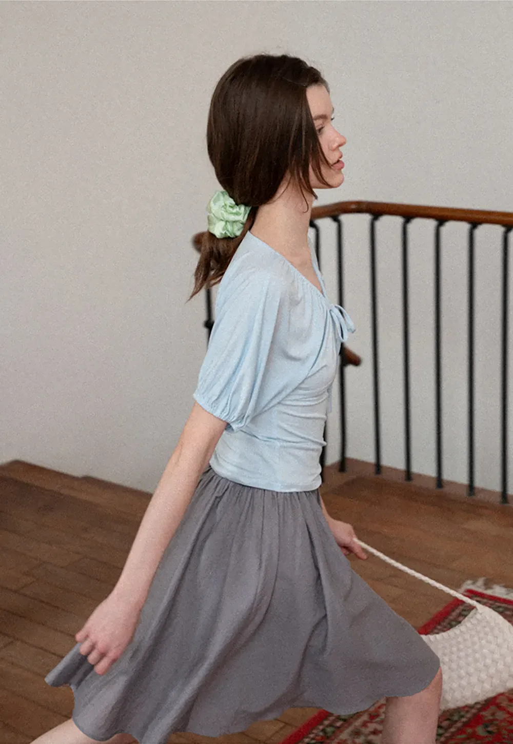 V neck short sleeve top with front tie detail