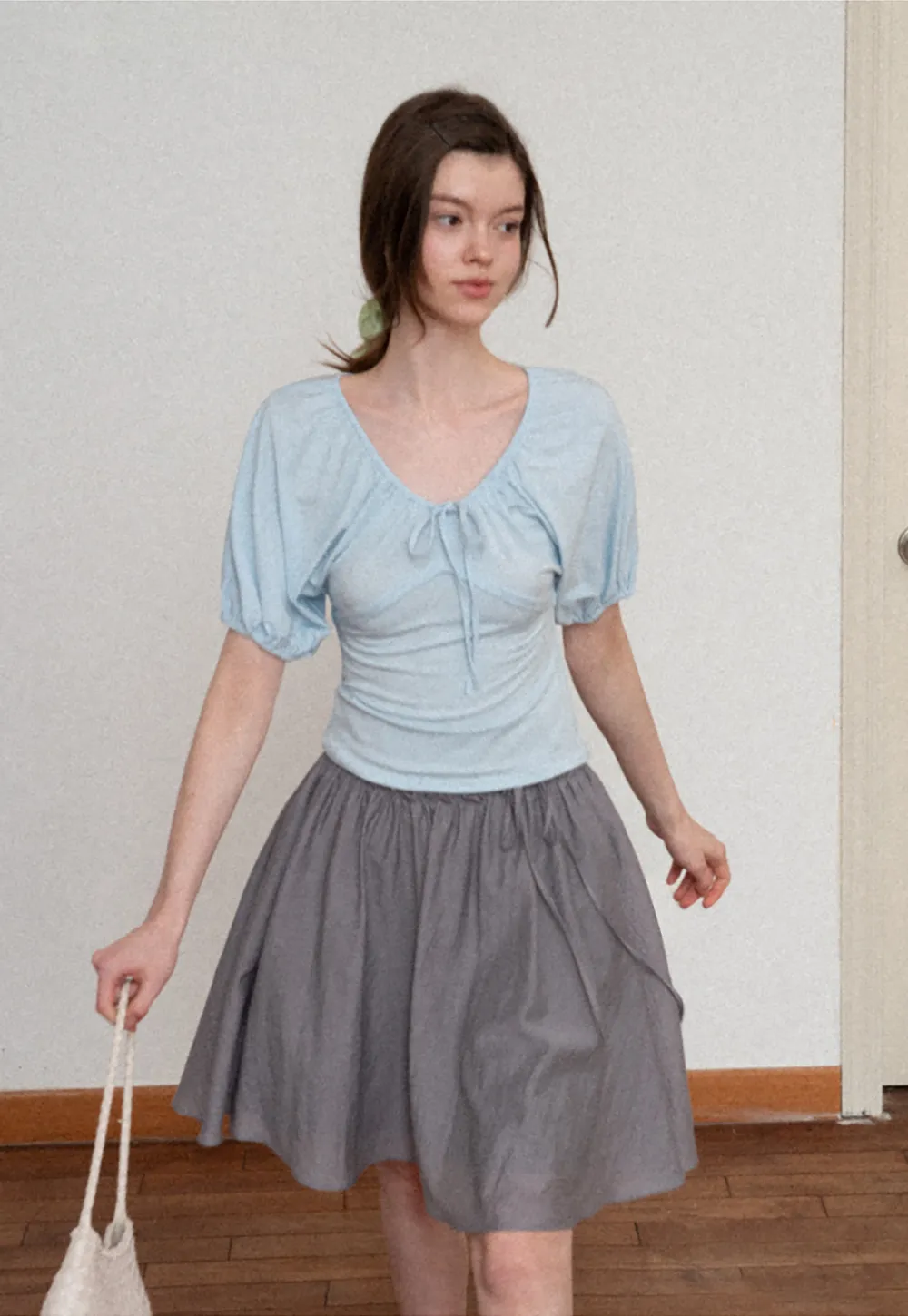 V neck short sleeve top with front tie detail