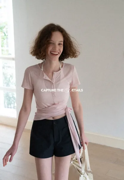 Wrap Front Henley Short Sleeve Top