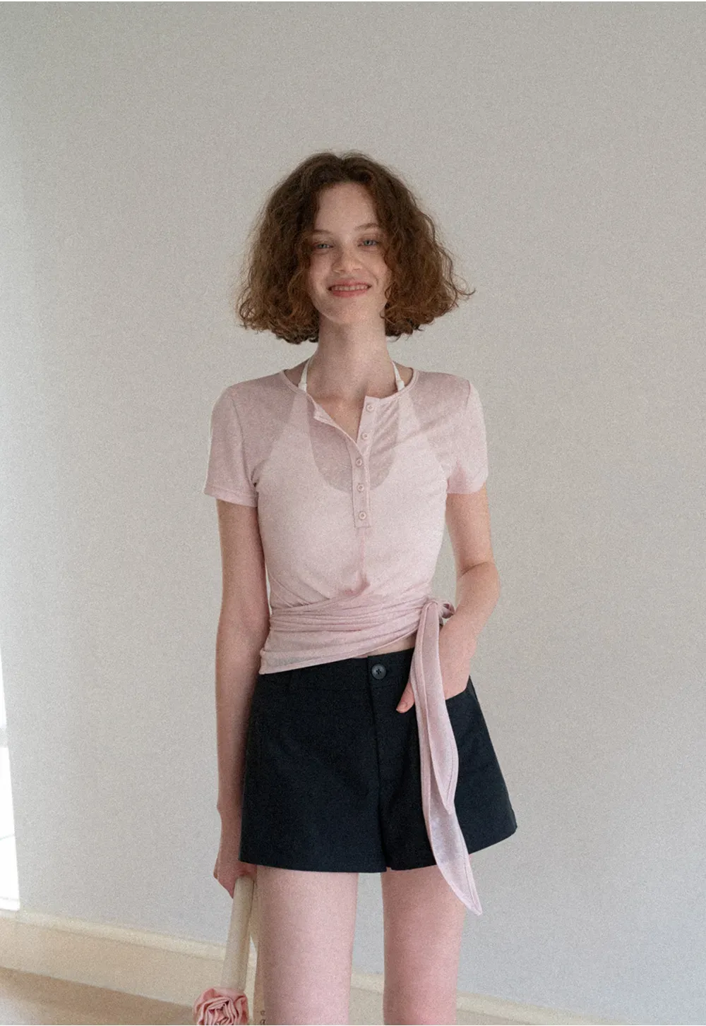 Wrap Front Henley Short Sleeve Top