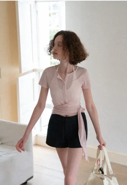 Wrap Front Henley Short Sleeve Top