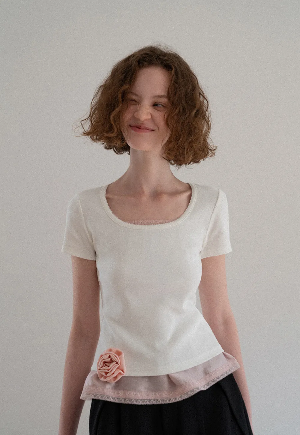 Lace Trim Layered Hem Short Sleeve T Shirt