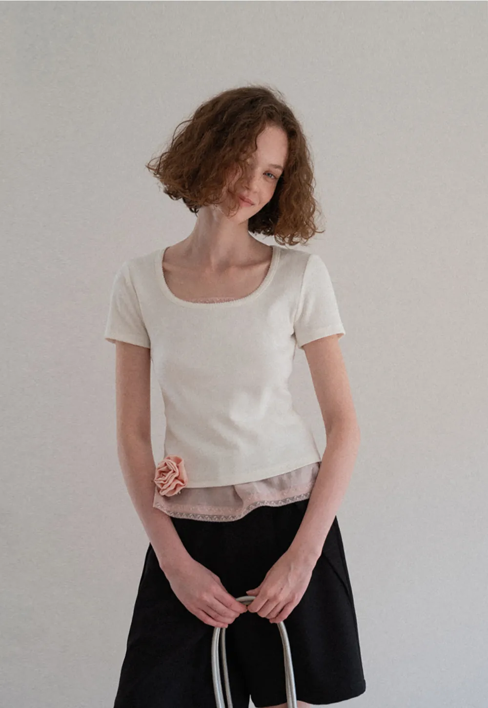 Lace Trim Layered Hem Short Sleeve T Shirt