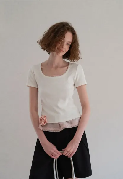 Lace Trim Layered Hem Short Sleeve T Shirt