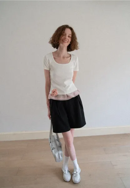 Lace Trim Layered Hem Short Sleeve T Shirt