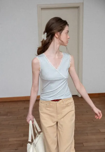 Lace Trim V Neck Wrap Front Tank Top